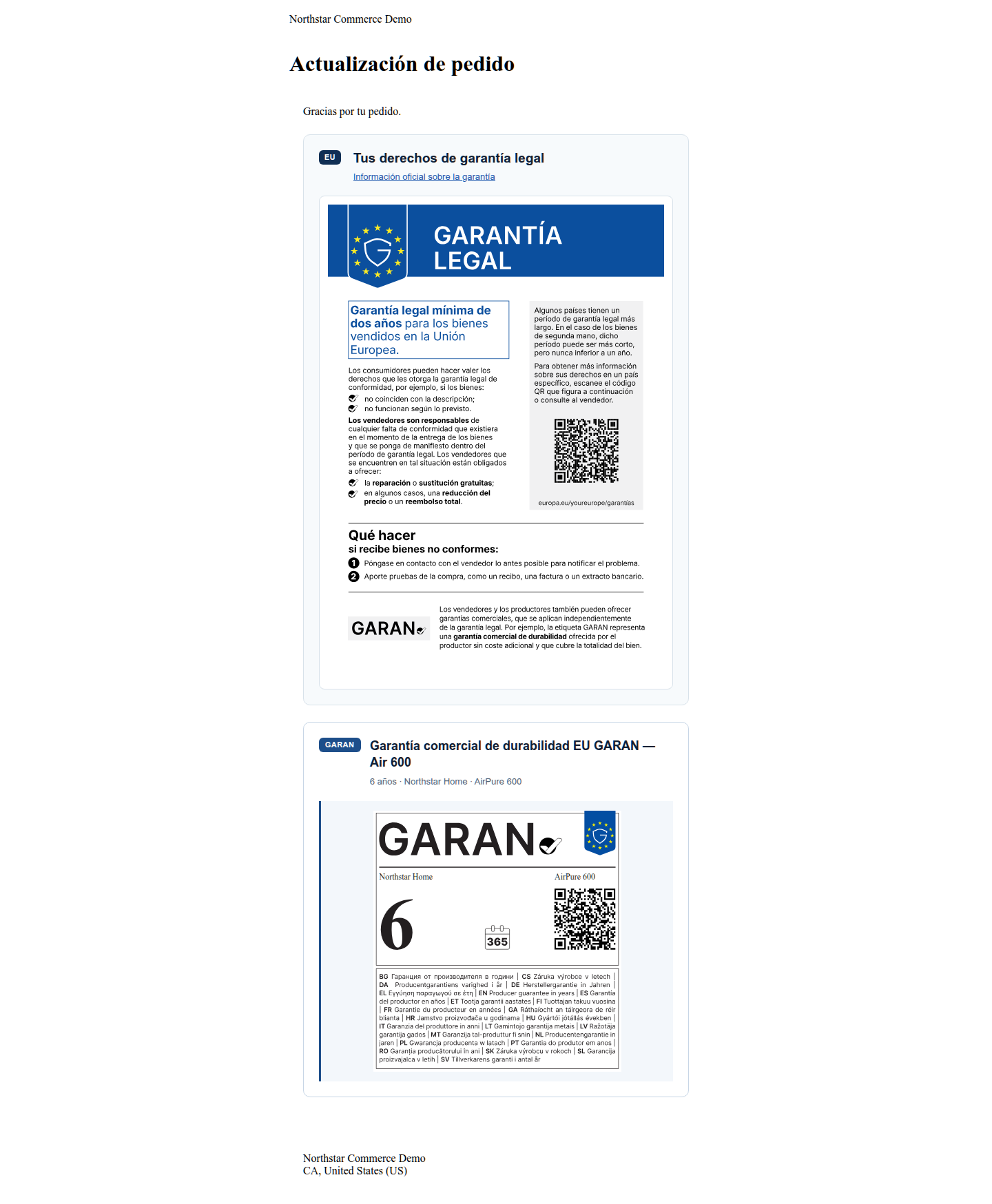 EU Warranty Ready information in a customer email