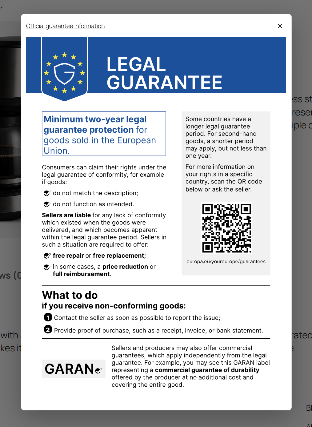 EU Warranty Ready displaying EU warranty information in WooCommerce